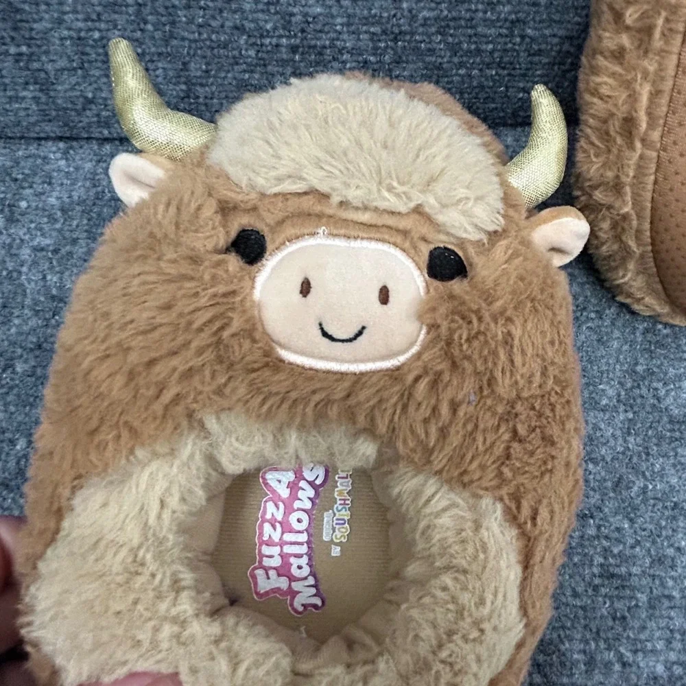Squishmallows Fuzz-A-Mallows Highland Cow Slippers Brown Gold Horns Size 2-3